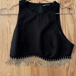 SHEIN Elegant Black Crop Top with Beaded Fringe